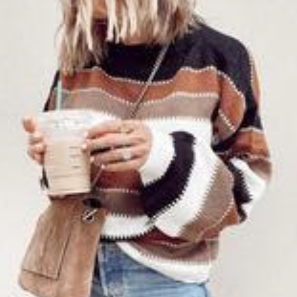 Round Neck Long Sleeve Color Block Striped Sweater
